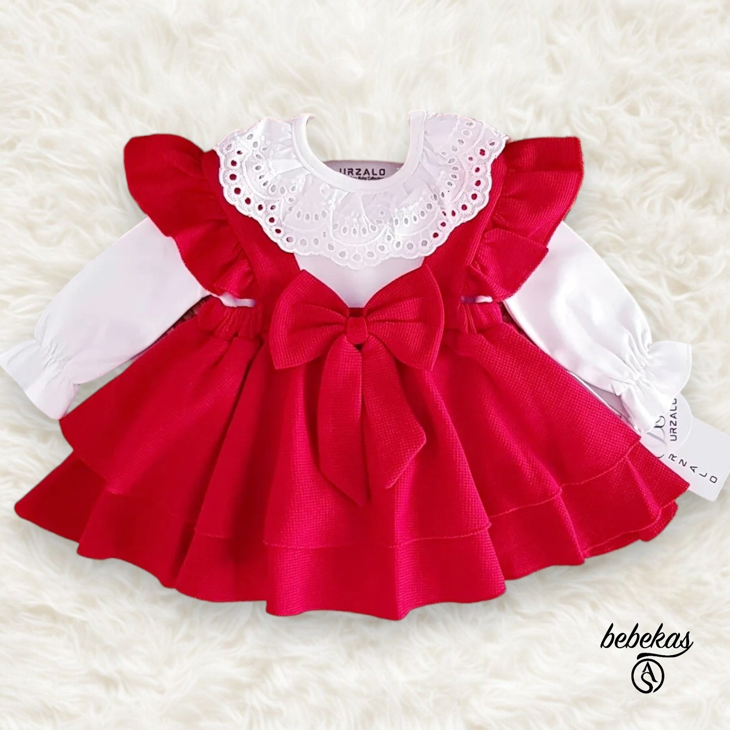 Kız Bebek %100 Pamuk Fiyonklu Body Kırmızı Elbise