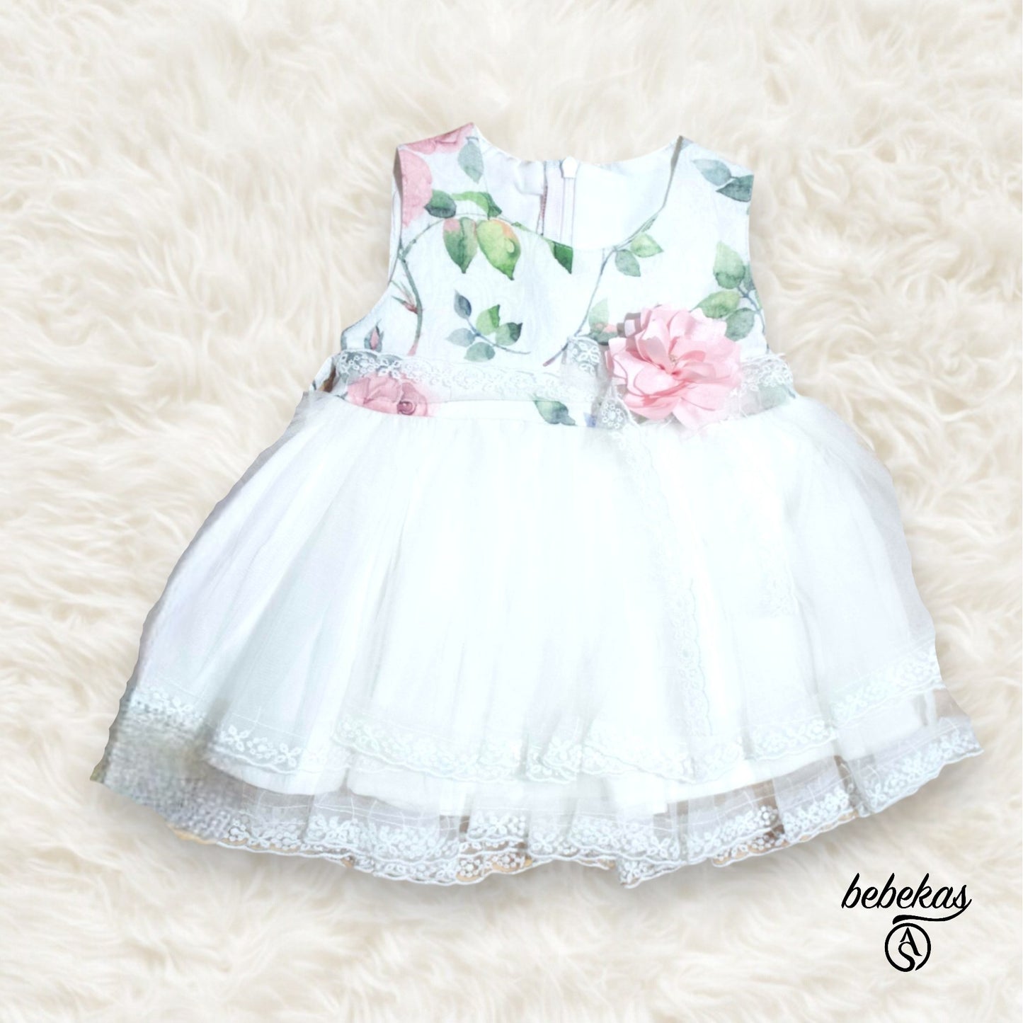 Çiçek Desen Ve Dantelli Beyaz Kız Bebek Elbise