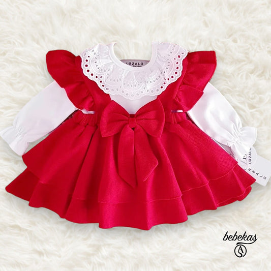 Kız Bebek %100 Pamuk Fiyonklu Body Kırmızı Elbise