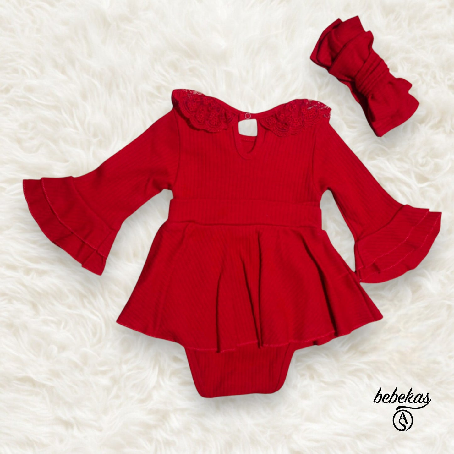 Dantel Detaylı Kız Bebek Bodysuit Kırmızı Elbise