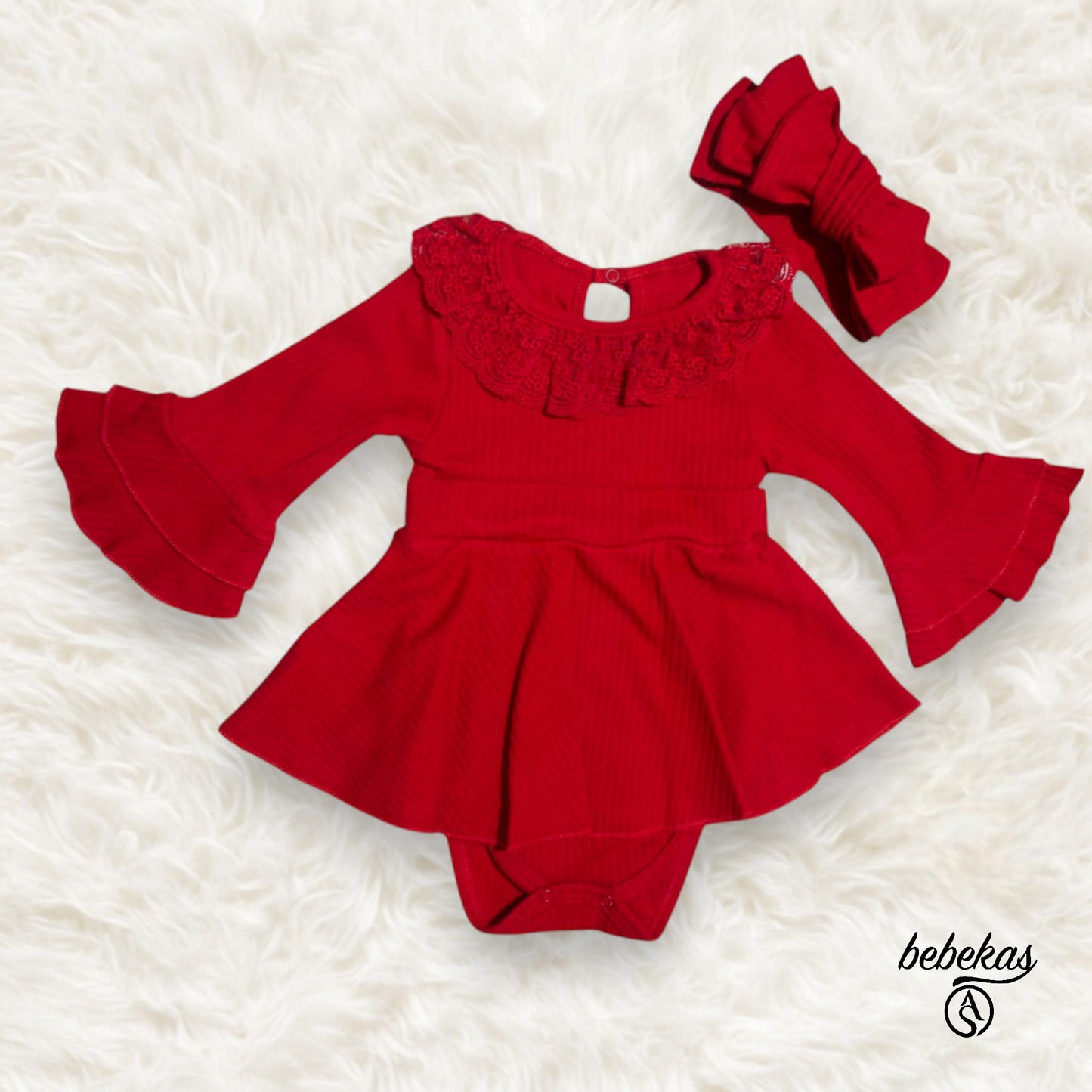 Dantel Detaylı Kız Bebek Bodysuit Kırmızı Elbise