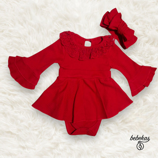 Dantel Detaylı Kız Bebek Bodysuit Kırmızı Elbise